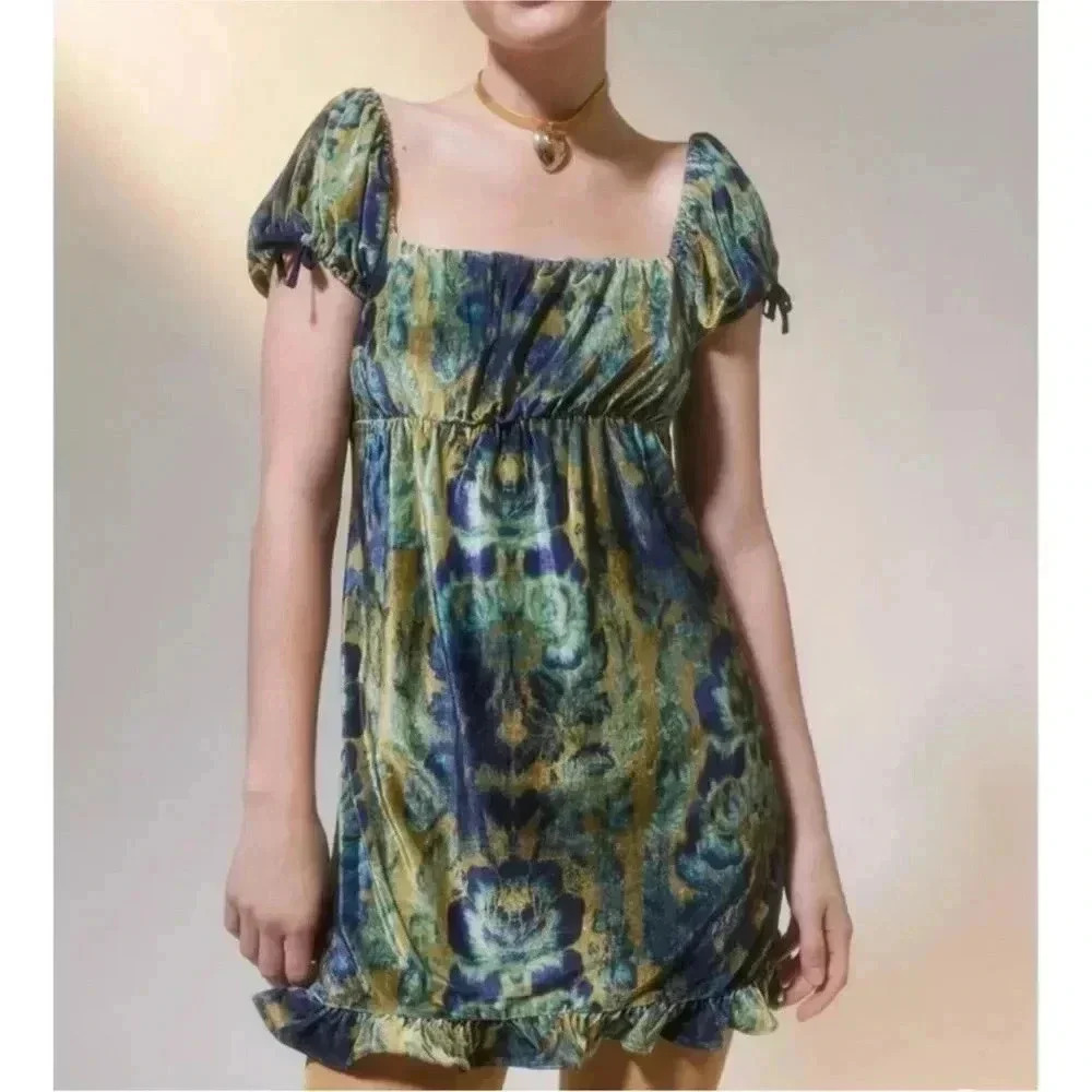Urban Outfitters Claudette Velvet Babydoll Dress  Ruffle Hem Sz‎ XS Fairy Grunge